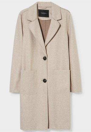 Beige uldfrakke til knæene med reverskrave, to sorte knapper, lange ærmer og to store forlommer.