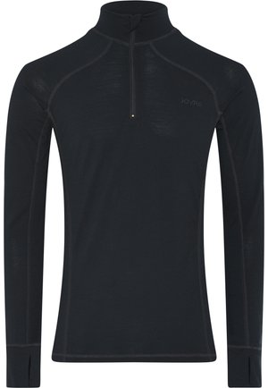 Top negro de manga larga con cuello de cremallera de cuarto, que presenta una textura ligera y suave y costuras en contraste a lo largo de las costuras.