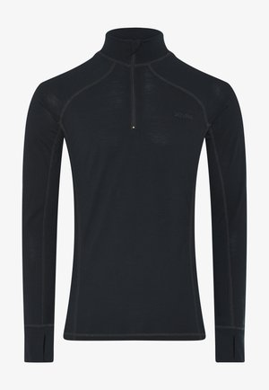 Schwarzes Langarmoberteil mit einem Viertelreißverschluss-Kragen, das eine leichte, glatte Textur aufweist und kontrastierende Nähte entlang der Nähte hat.
