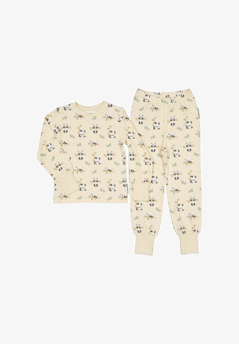 Children’s long-sleeve top and pants pajama set in beige with repeating playful panda and bamboo print.