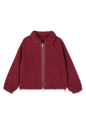Bordeaux fleecejakke med krave, frontlynlås, to sidelommer og elastiske manchetter. Blød tekstur med ensfarvet design.