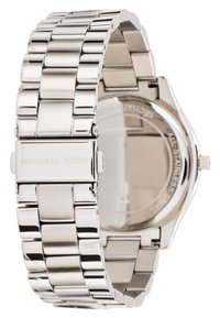 Zilveren roestvrijstalen horloge met een schakelschakelband ontwerp, met een gepolijste afwerking, sluiting met klapsluiting en een doorzichtige kast achterzijde.