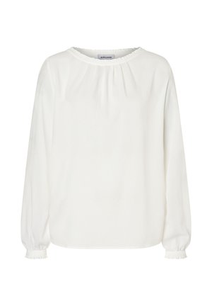White long-sleeve blouse with gathered neckline and cuffs, featuring a soft, slightly loose fit.