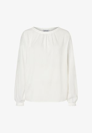 Weiße langärmlige Bluse mit gerafftem Halsausschnitt und Bündchen, die eine weiche, leicht lockere Passform hat.