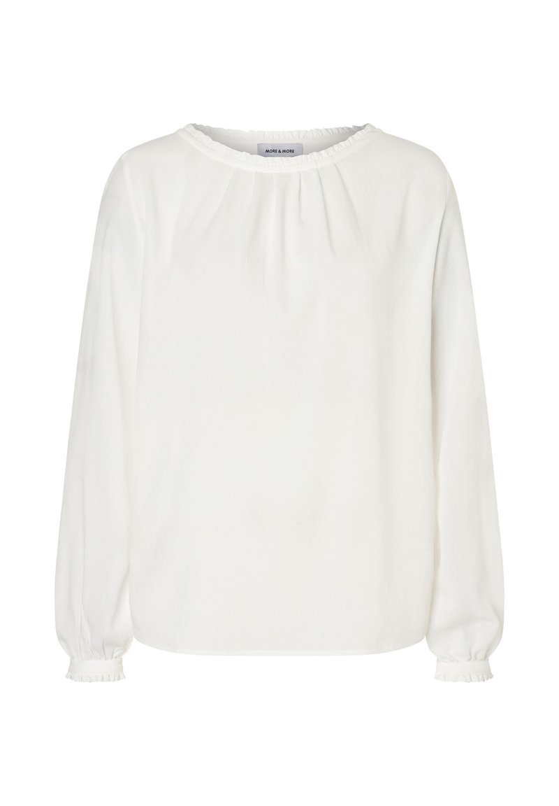 Witte blouse met lange mouwen, geplooide halslijn en manchetten, met een zachte, iets losse pasvorm.