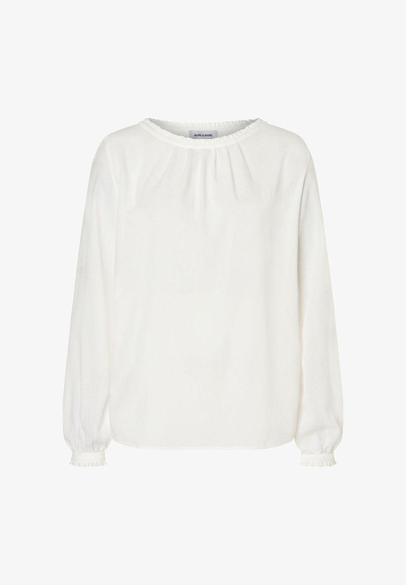 Weiße langärmlige Bluse mit gerafftem Halsausschnitt und Bündchen, die eine weiche, leicht lockere Passform hat.