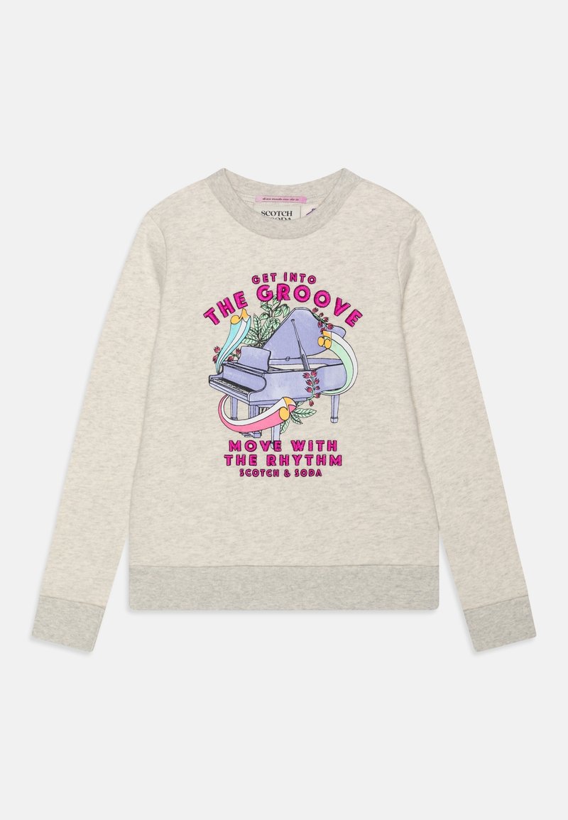 Sudadera de manga larga gris claro con un gráfico colorido de un piano de cola, notas musicales y el texto "Entra en el ritmo, muévete con la melodía."