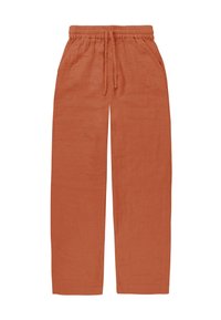 Hosen aus rostfarbenem Leinen mit elastischem Bündchen, Zugband, seitlichen Taschen und breiten geraden Beinen.