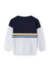 Stickad tröja i marinblått och vitt med horisontella ränder i gult och blått. Har rund halsringning och ribbade muddar och nederkant.