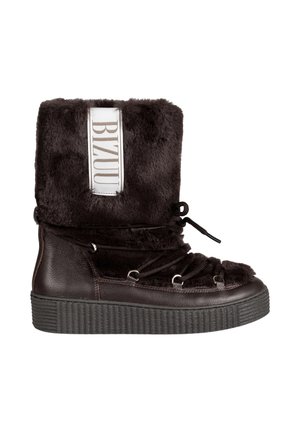 Dark brown winter boot with thick black sole, faux fur upper, lace-up front, and white fabric label with "BIAU" text on cuff.