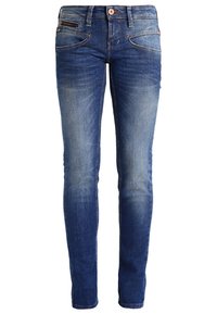 Slim-fit mörk tvättade denimjeans med blekningsdetaljer, femficksdesign, metallblixtlås och en enda knappstängning.