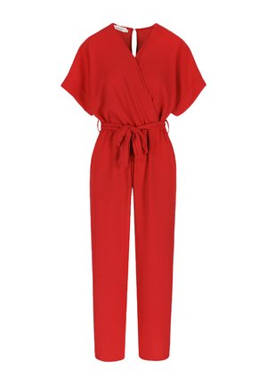 Red women's jumpsuit with short sleeves, wrap-style V-neck, waist tie belt, and straight-leg pants.