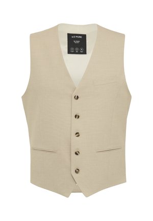 Beige Weste mit Strukturmuster, V-Ausschnitt, fünf Knöpfen, zwei Fronttaschen und einem schwarzen Innenetikett.