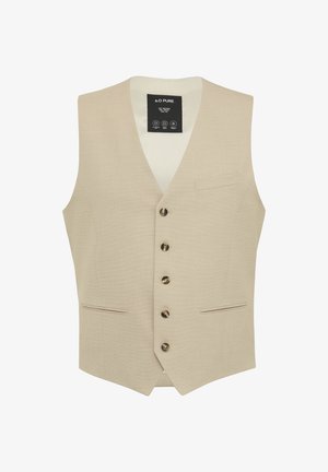 Beige vest met een textuurpatroon, voorzien van een V-hals, vijf knoopsluitingen, twee voorzakken en een zwart binnenlabel.