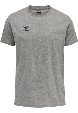 Grijze korte mouwen t-shirt van zachte stof, met een ronde hals en een zwart logo op de linkerkant van de borst. Eenvoudig, klassiek ontwerp.
