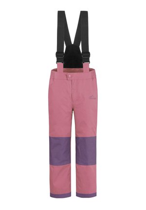 Kinder Schneeoverall in Pink und Lila mit verstellbaren schwarzen Schulterträgern und einem Frontdruckknopfverschluss.