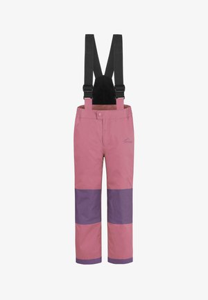 Kinder Schneeoverall in Pink und Lila mit verstellbaren schwarzen Schulterträgern und einem Frontdruckknopfverschluss.