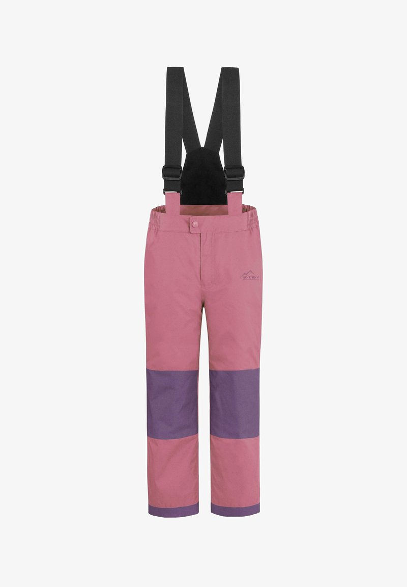 Kinder Schneeoverall in Pink und Lila mit verstellbaren schwarzen Schulterträgern und einem Frontdruckknopfverschluss.