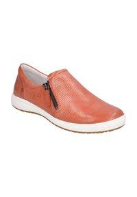 Slip-on shoes in soft, orange leather with perforations. Features a side zipper, white sole, and a textured design for breathability.