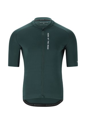 Kurzärmliges Radtrikot aus dunkelgrünem Material. Verfügt über einen Reißverschluss auf der Vorderseite und den Text "Held der Straße" auf der Brust. Nahtloses Design mit taillierter Silhouette.
