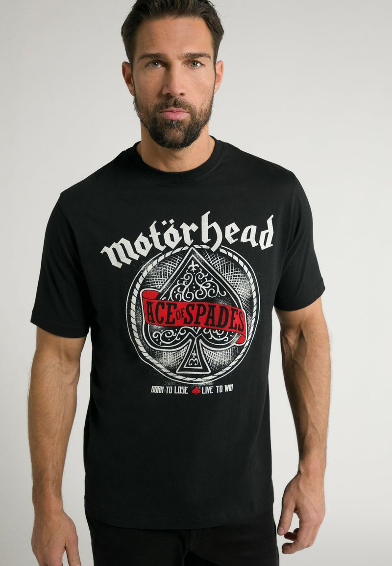 Sort bomulds t-shirt med "Motörhead" tekst og et "Ace of Spades" grafik i hvid og rød med detaljeret spar design. Korte ærmer.