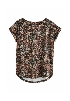 Top s leopardím vzorem, krátké rukávy, kulatý výstřih, béžové pozadí s hnědými a černými skvrnami, měkká textura, zakřivený lem.