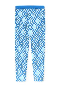 Blåa och vita leggings med ett geometriskt diamantmönster och växlande pilformer. Materialet är mjukt och elastiskt med en blå midjeresår.