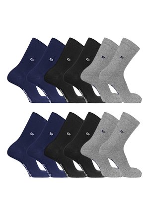 Deux ensembles de six chaussettes unies à hauteur de cheville, en bleu marine, noir et gris, disposés côte à côte sur un fond blanc.