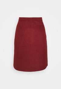 Burgundy ullkjol med åtsittande midja, rak skärning och lätt utsvängning vid fållen. Sömmar längs vänster sida. Slät textur.