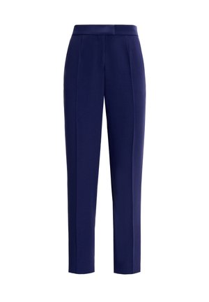 Pantalons bleu marine en tissu lisse, avec une coupe ajustée, des plis à l'avant et une taille mi-haute.
