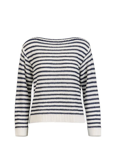 Pull blanc avec des rayures horizontales bleu marine, manches longues, poignets et ourlet côtelés, et un large col rond.