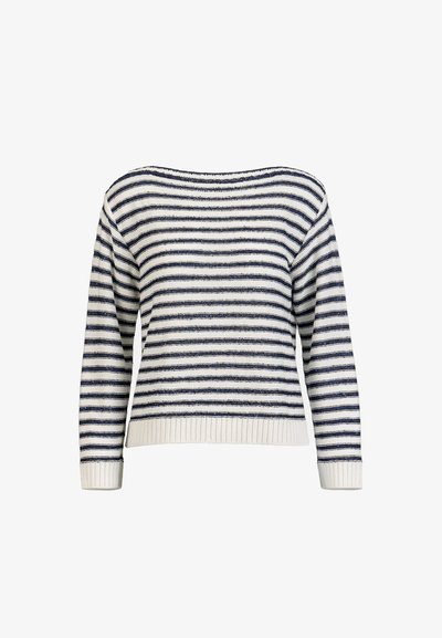 Pull blanc avec des rayures horizontales bleu marine, manches longues, poignets et ourlet côtelés, et un large col rond.
