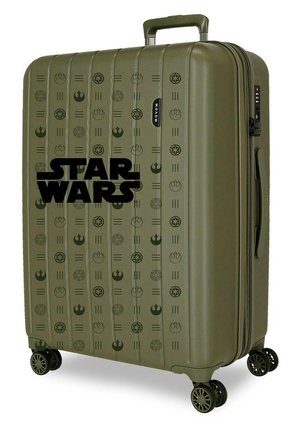 Maleta rígida verde con el logo negro de Star Wars y símbolos repetidos, cuatro ruedas giratorias, asa retráctil y cierre con cremallera lateral.