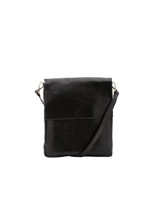 Borsa a tracolla nera in pelle con una texture liscia, forma rettangolare, chiusura con pattina frontale e una lunga tracolla regolabile.