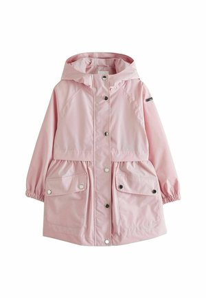 Imperméable rose clair à capuche avec fermeture à boutons-pression, poignets élastiques et deux grandes poches avant à rabat avec boutons-pression.