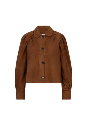 Bruine suède jas met een kraag, lange opgeblazen mouwen en zes knopen aan de voorkant. Soepele textuur met minimale details.