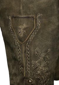 Braunes Wildlederkleidungsstück mit filigraner cremefarbener Stickerei und Seil-Akzenten. Verfügt über ein ausgefallenes Taschendesign und einen Knopfverschluss.