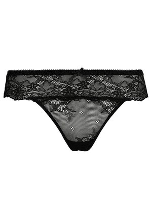 Zwarte kanten string met een bloemmotief, doorschijnende meshstof, gegolfde randen en een decoratieve strikdetail aan de voorkant van de tailleband.