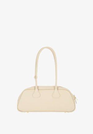 Beżowa, prostokątna skórzana torebka z długimi, cienkimi uchwytami i złotym zamkiem błyskawicznym z boku, prezentowana na białym tle.