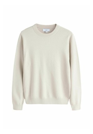 Light beige knit sweater with a textured pattern, crew neck, and ribbed cuffs and hem. Made from soft fabric, offering a comfortable fit.