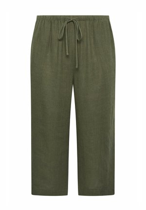 Oliivinvihreät, väljät, lyhyet housut, joissa on joustava vyötärönauha ja edessä solmittava nauha, valmistettu kevyestä kankaasta.