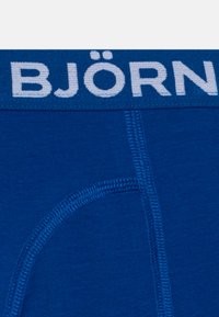 Blue stretch cotton boxer briefs with a wide elastic waistband featuring white "BJÖRN" text and contrasting stitching details.