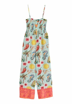 Hellblauer ärmelloser Overall mit Palmen, Seepferdchen, Sonne, Chilischoten, Blumen und Korallenrand mit dem Wort „Soleil“ wiederholt.