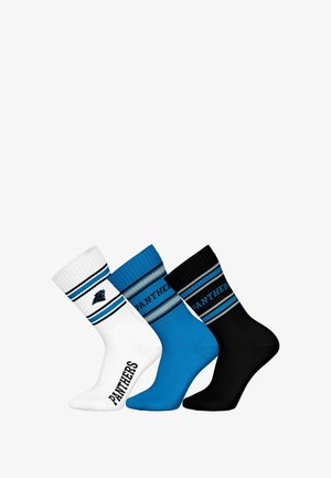 Three pairs of crew socks: white with black and blue stripes, blue with gray stripe, and black with blue stripes, all featuring "PANTHERS" text.