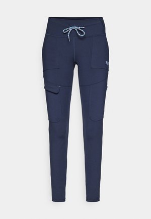 Marineblaue Hosen mit hohem Bund, ausgestattet mit einem geflochtenen Kordelzug, mehreren Taschen und einem taillierten Schnitt aus strukturiertem Stoff.