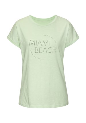 Light green, short-sleeve t-shirt featuring "MIAMI BEACH" text and round graphic design, made of soft fabric with a smooth texture.