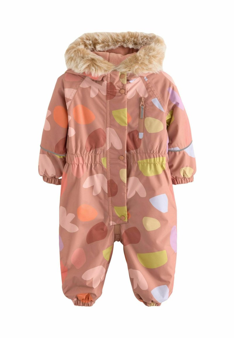 Tuta da neve per bambini in un morbido rosa, con cappuccio foderato in pelliccia ecologica, polsini elasticizzati e un motivo di forme astratte colorate. Shell esterna impermeabile.