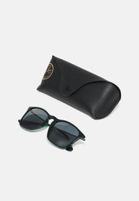 Custodia per occhiali da sole in pelle nera con logo dorato, accanto a occhiali da sole con montatura quadrata verde scuro, lenti scure e tappi auricolari in gomma.