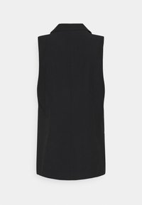 Czarna bezrękawnik z wywijanym kołnierzem, gładkim plecami i gładkim materiałem. Charakteryzuje się czystymi liniami i brakiem widocznych ozdób.