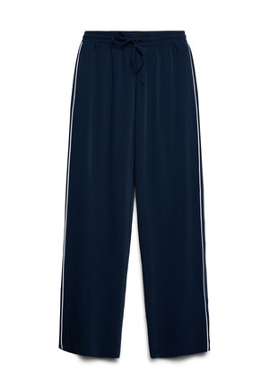 Pantalon large bleu marine avec taille élastique et cordon de serrage, arborant des rayures blanches sur les côtés.